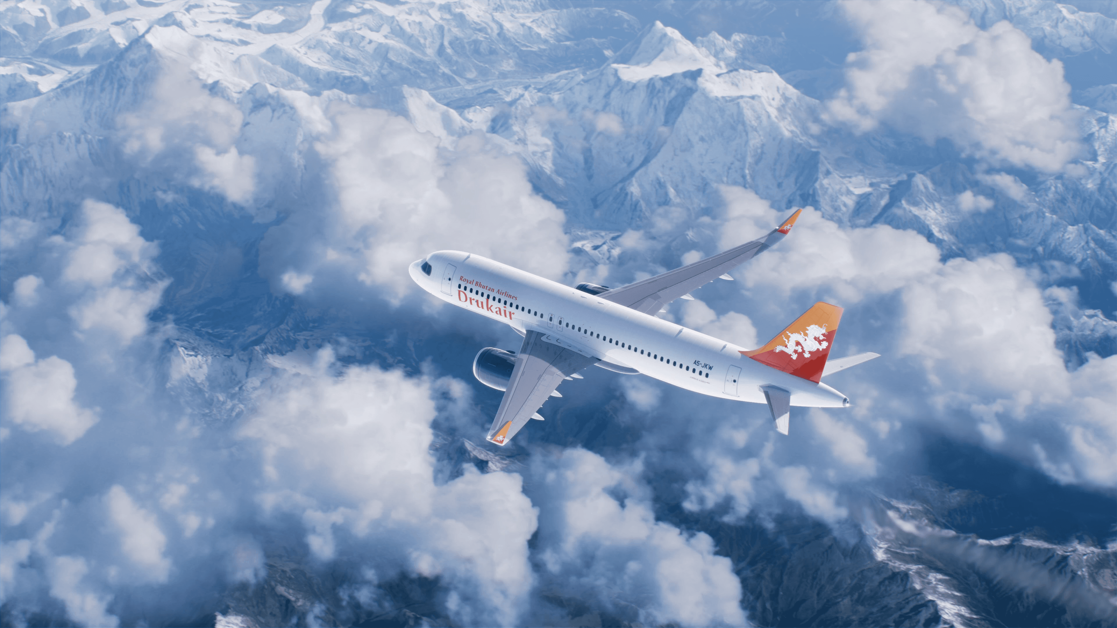 Aircraft flying over Himalayan mountains approaching Bhutan